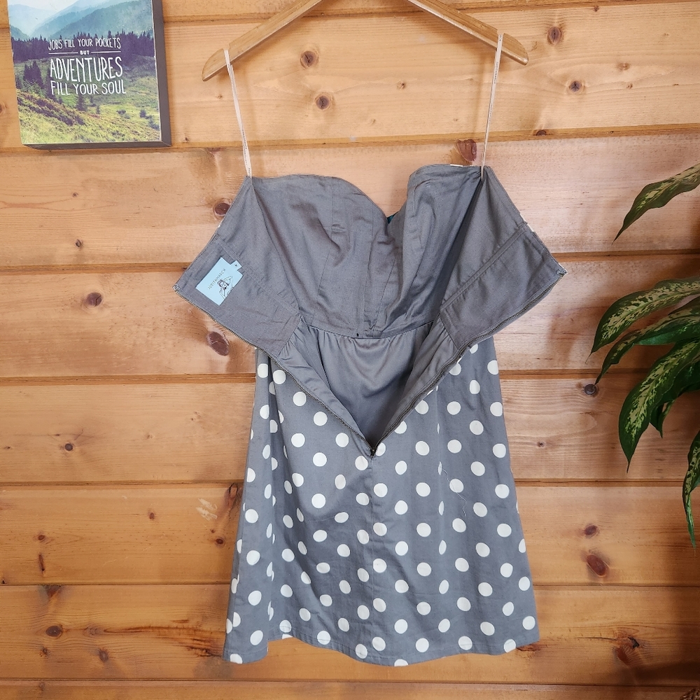 Judith March 💜 Strapless Fit & Flare Gray White Polka Dot Dress Teal Bow Medium - Picture 4 of 7